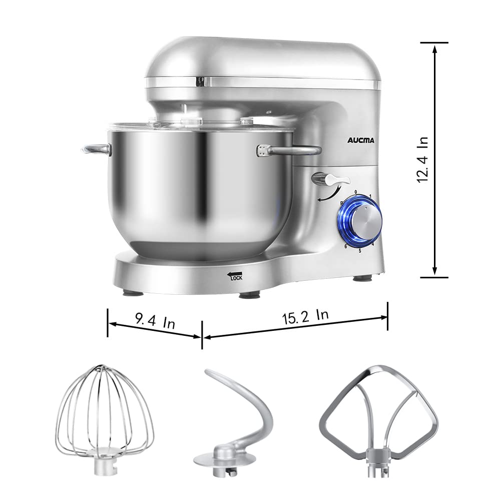 Stand Mixer,6.5-QT 660W 6-Speed Tilt-Head Food Mixer, Kitchen Electric Mixer with Dough Hook, Wire Whip & Beater (6.5QT, Silver)