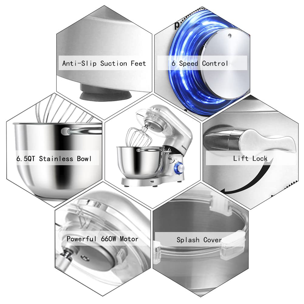 Stand Mixer,6.5-QT 660W 6-Speed Tilt-Head Food Mixer, Kitchen Electric Mixer with Dough Hook, Wire Whip & Beater (6.5QT, Silver)
