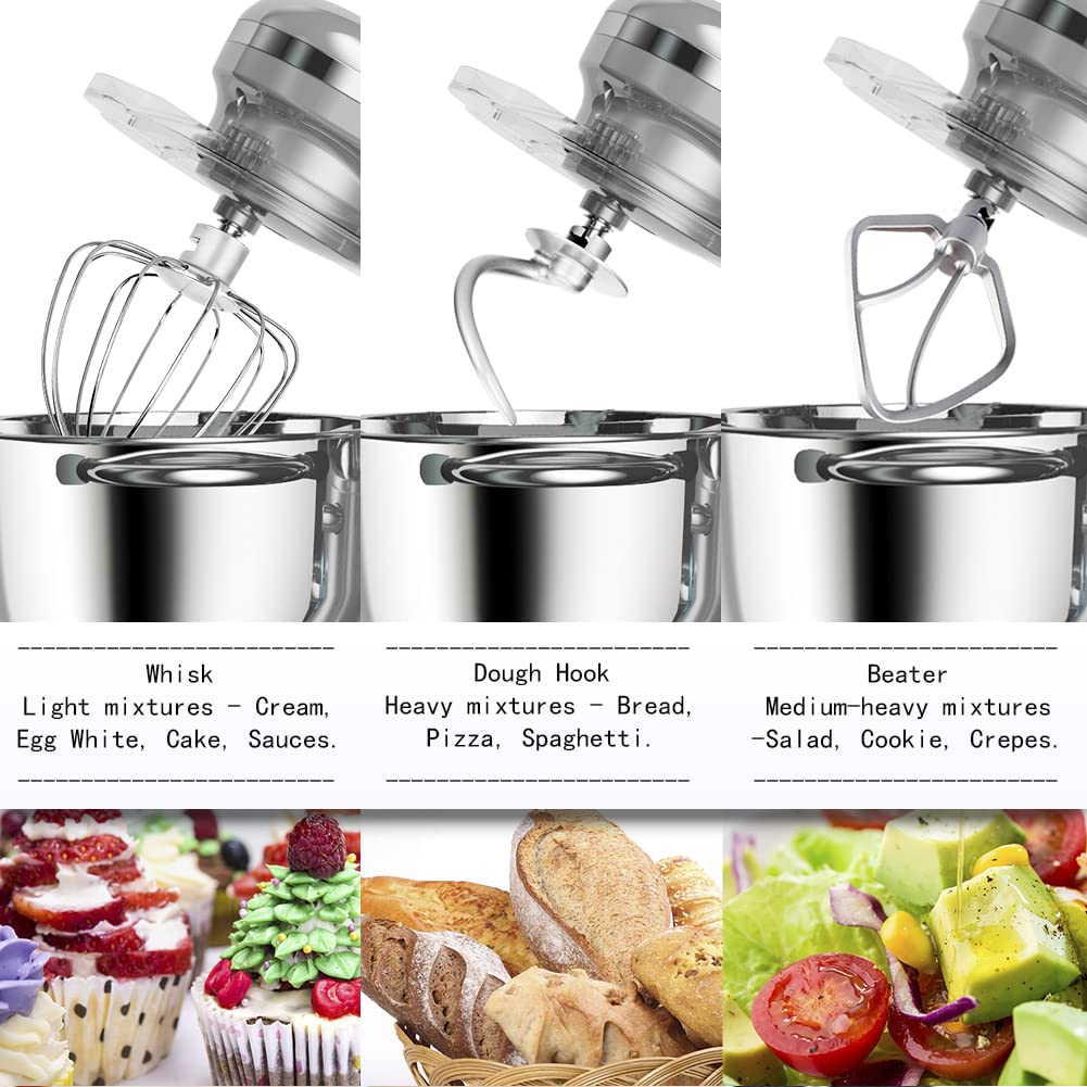 Stand Mixer,6.5-QT 660W 6-Speed Tilt-Head Food Mixer, Kitchen Electric Mixer with Dough Hook, Wire Whip & Beater (6.5QT, Silver)