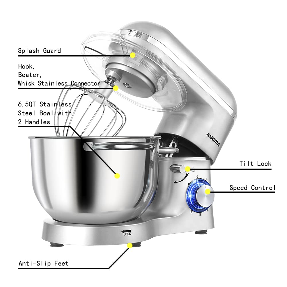 Stand Mixer,6.5-QT 660W 6-Speed Tilt-Head Food Mixer, Kitchen Electric Mixer with Dough Hook, Wire Whip & Beater (6.5QT, Silver)