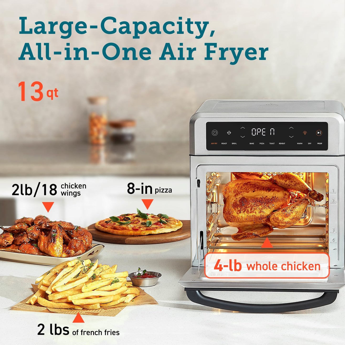 11-in-1 Air Fryer Oven , 13Qt Small Footprint Airfryer combo with Rotisserie